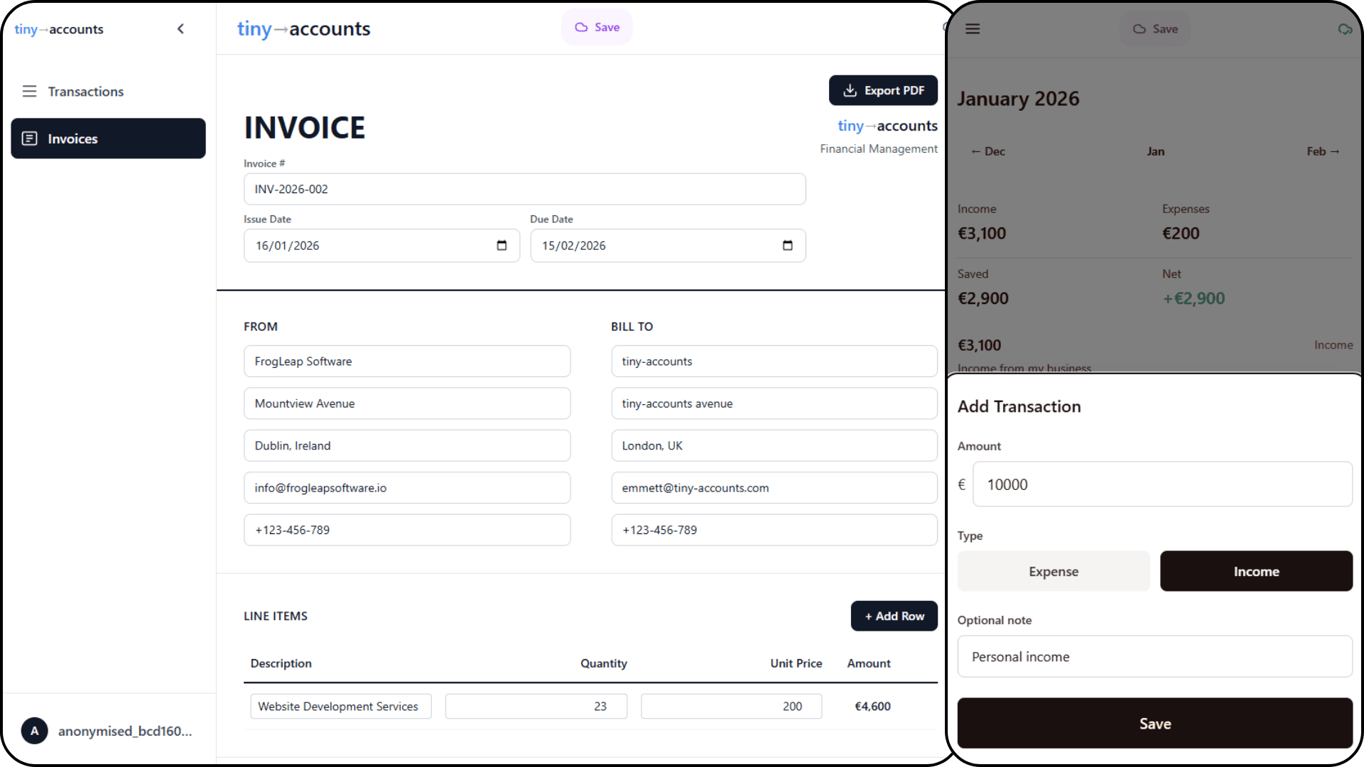 Tiny Accounts on desktop and mobile: the invoice builder with line items and an Export PDF button, next to the January 2026 month view showing income, expenses and the add-transaction sheet.